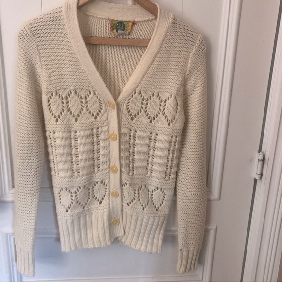 VINTAGE Cottagecore Fisherman Knit Coastal Cream Cardigan Small - Picture 1 of 10